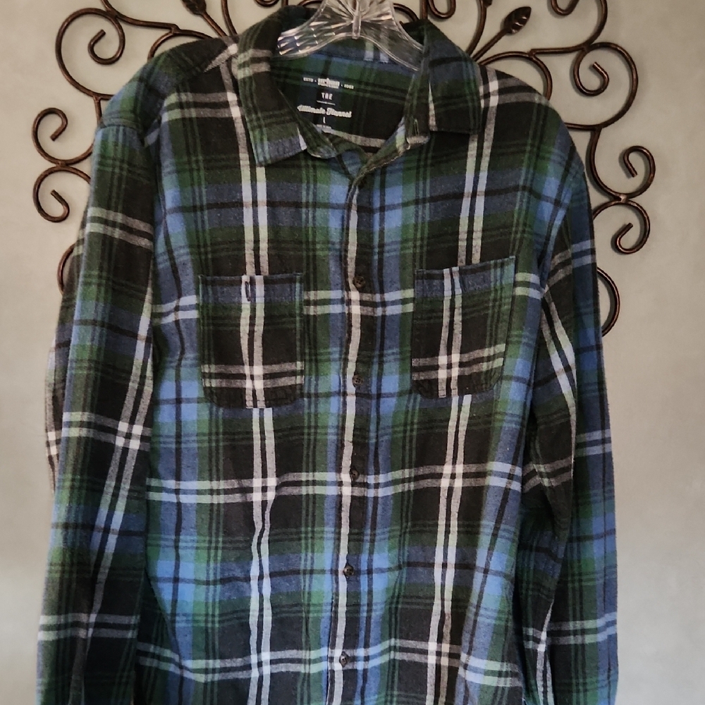 Men's Blue and Green Plaid Shirt